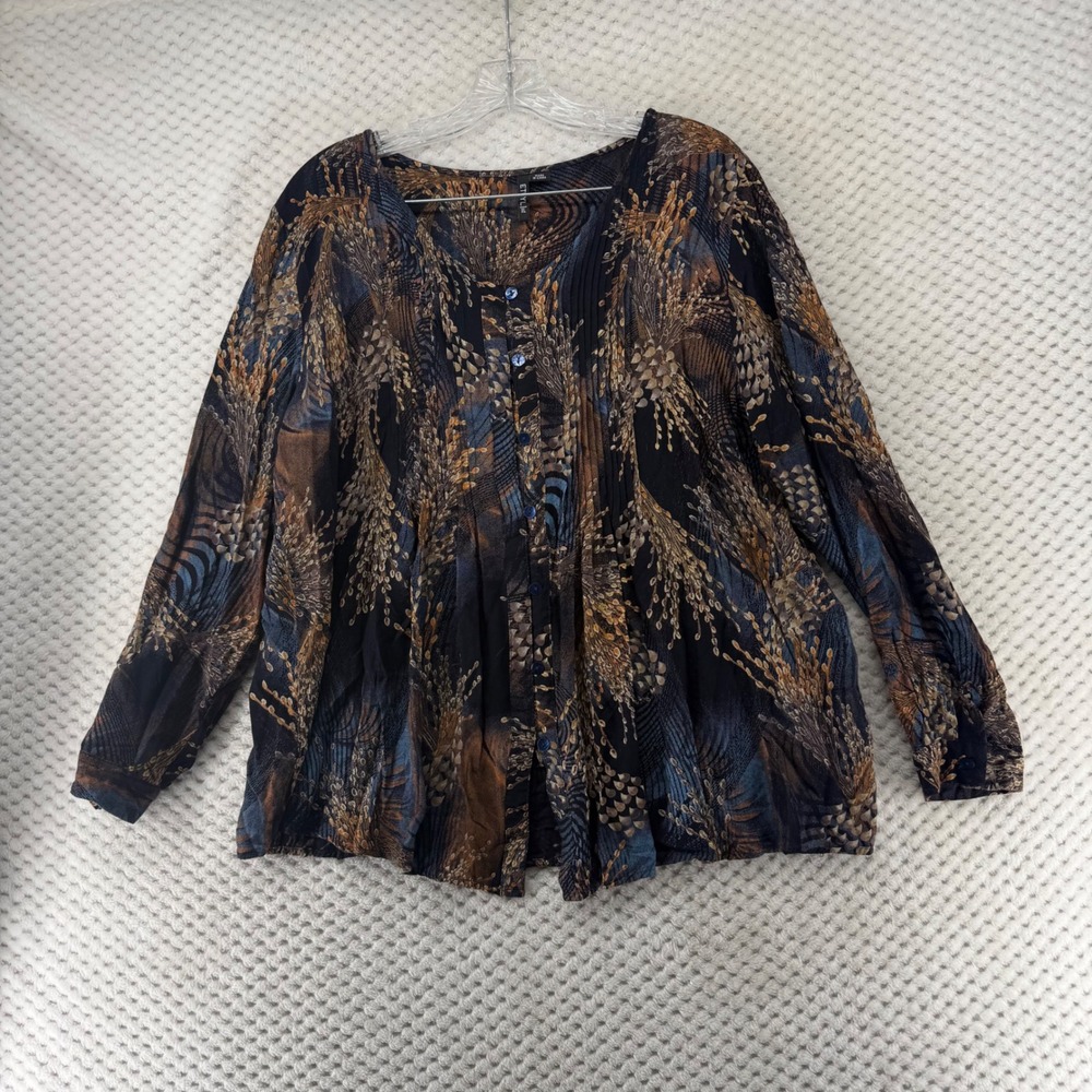 Ethyly Tunic Top Abstract Pintuck Pleated Button Front Boho Blouse‎ Women's XL